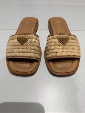 Prada Raffia Slide Sandals in Beige and Tan with Gold Triangle Logo